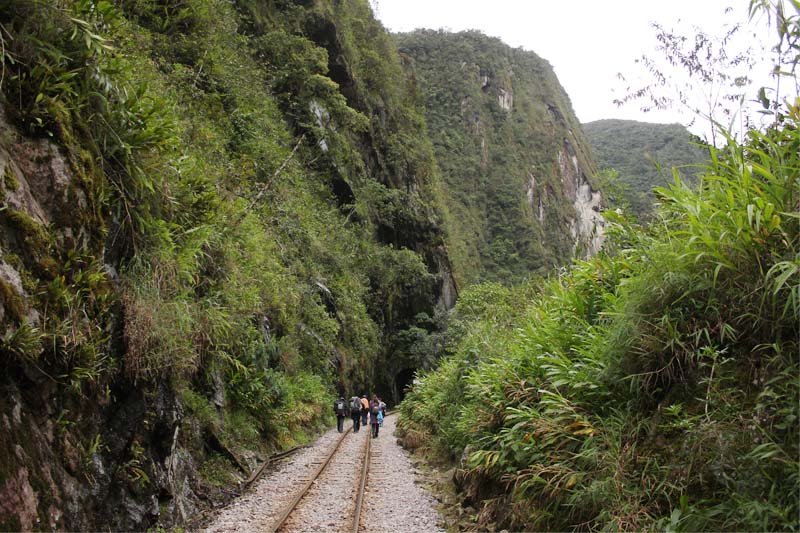 Walkers going by the train route to Aguas Calientes Walk to Aguas Calientes