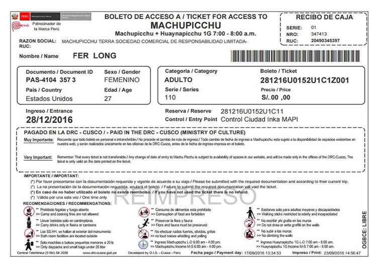 Machu Picchu ticket Entrance ticket to Machu Picchu
