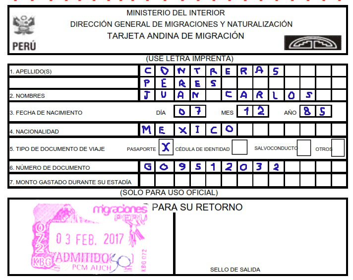 Physical TAM TAM format to be filled manually, must be sealed when entering and leaving Peru