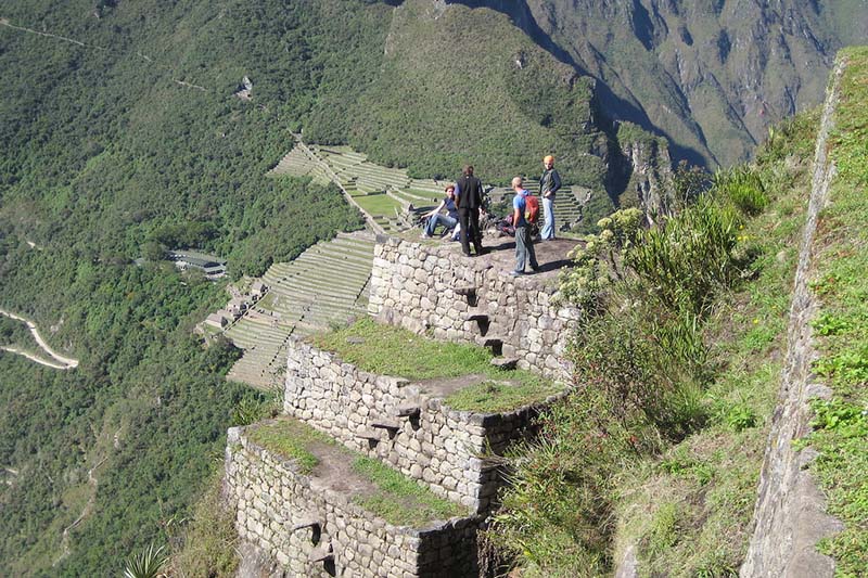 Floating steps in Huayna Picchu Panoramic view of Machu Picchu from the mountain Huayna Picchu