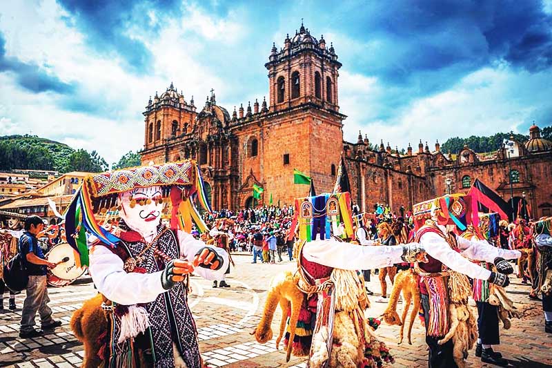 Festivities of Cusco 2018 Dancers partying at the Cusco Plaza de Armas festival
