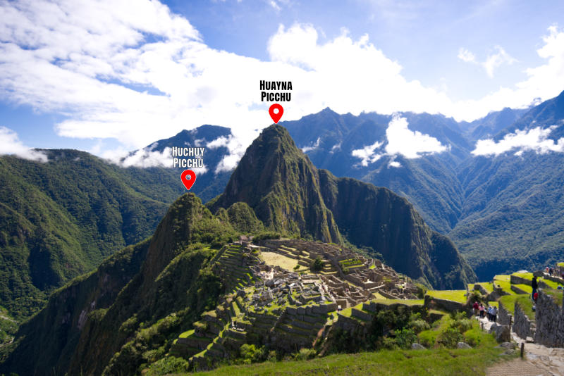 View of the mountains Huchuy Picchu and Huayna Picchu