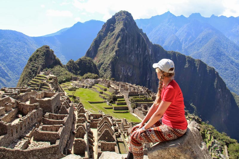 Tourist observing the Inca citadel of Machu Picchu
